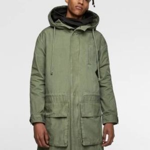 Zara Man Long Military Trench Coat Casual Streetwear Zip Drawstring Design Logo